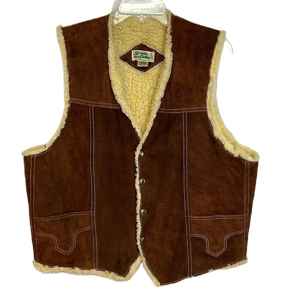 Vintage Jackets & Blazers - Vintage Genuine Suede Leather Faux Sherpa Vest Snaps Pockets Brown Unisex Large